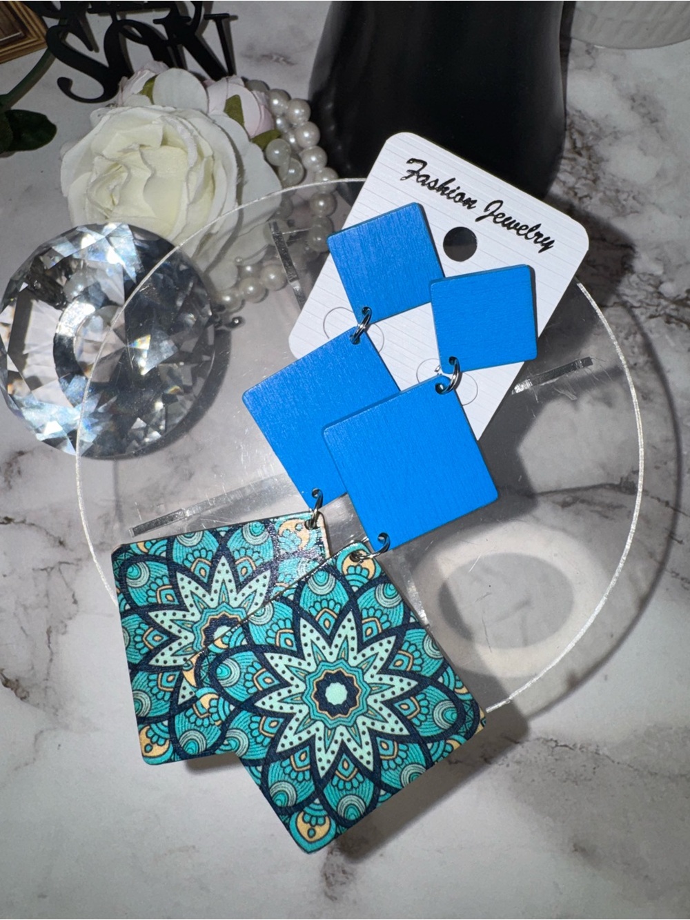Fashion Jewelry Blue Teal Mandala Square Dangle Earrings